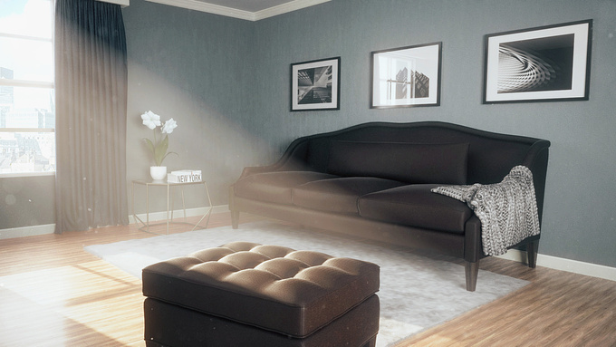 Using 3Ds max I wanted to create a simplistic interior but with atmospheric lighting.

Using vray eniromental fog and post techniques I wanted to create a professional but warm feel.