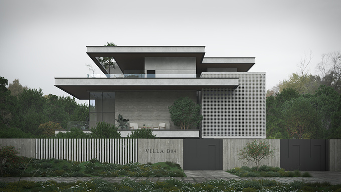 A Family Private villa . With the  elevation facing a busy street, I opted to Make a large  openings out of the main mass. By partially masking the windows With A Screen, I was able to create shadows that minimize solar heat gain while allowing for diffused light to enter the house.