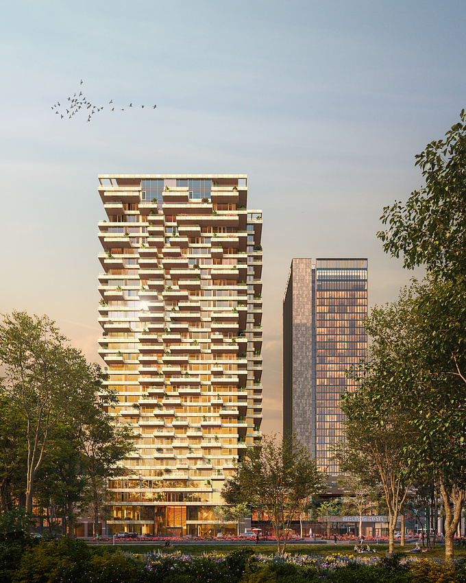 Yvie Amsterdam. The new buildings will be located next to the A´DAM tower and will bear the name Yvie. Of the two, one will become the largest residential tower in Amsterdam, with an impressive height of 110 m.

Architecture Visualization | Rotterdam, Netherlands | 2024
Work done for Yuconvr.