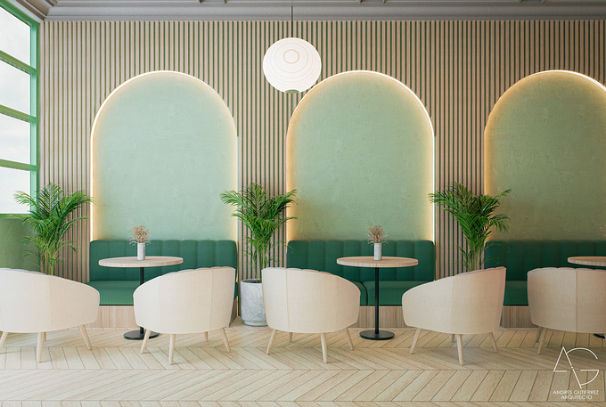 Desing and arch viz of beatifull bakery with a lot of green a clear colors 