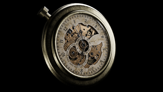 Pocket watch. Mid poly 60,000 vertices
Modeling: Blender 
UV mapping: RizomUVW
Texturing: Substance Painter
Render/animation/presentation: Unreal Engine 5.2
Postproduction: Adobe (PS/AE)