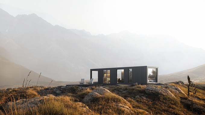 For the Highland Hideaway project, we had full creative freedom to envision the landscape from scratch, crafting the ideal setting for two variations of a Scandinavian-style mobile home. 
Inspired by Norway’s rugged natural beauty, we designed two seasonal variations, each set against the untamed Norwegian mountains.
The first 3D render captures a cold, gray overcast day, with a light mist wrapping around the home. Against this snowy backdrop, a warm light glows from within, creating a cozy contrast. The minimalist design feels both grounded and serene amidst the frost and rocky mountain landscape.
In the second image, we opted for a sunny Norwegian afternoon, where warm, golden sunlight illuminates the scene. This vibrant setting highlights the home’s adaptability, harmonizing effortlessly with the understated beauty of its natural environment.