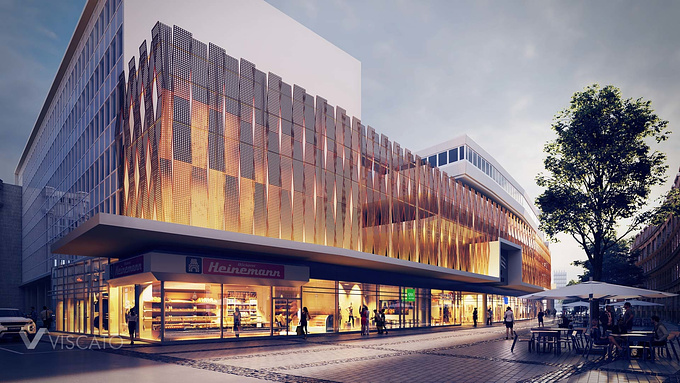 The 3D exterior visualizations present a shopping centre in the city of Cologne.  
The main purpose of ordering that project in 3D was to show a concepts presenting the new elevation style for this shopping place. The proposal, seen in the  visualization nicely imitates the material of copper which brings to mind the industrial style, so popular these days. The elevation panels are installed in the shape of Xs with little holes regularly placed on the panel surface.