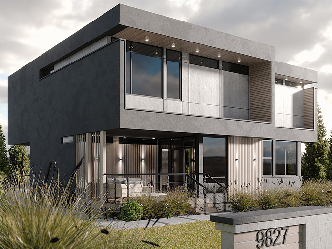 The client wanted a modern facade with heavy masses to achieve a strong and powerful look of their new home. With that in mind I added a combination of concrete and wooden details with the dark grey stucco in order to get the desired results.