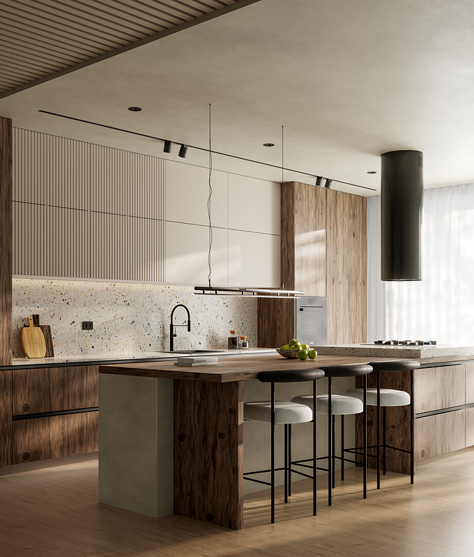 Scene: A contemporary kitchen interior rendered in a photorealistic style.

Materials:

Cabinets: Wood-toned cabinetry with a smooth finish, possibly walnut or oak.
Countertops: A combination of light-colored marble or quartz and dark, textured concrete.
Flooring: Light-colored hardwood planks with a natural grain.
Backsplash: A mix of white subway tiles and terrazzo tiles for a textured look.
Lighting: A combination of overhead recessed lighting and a sleek pendant light above the kitchen island.
Geometry:

Kitchen Island: A large, rectangular island with a waterfall edge and a built-in countertop seating area.
Cabinets: A mix of upper and lower cabinets with varying heights and depths.
Appliances: Modern stainless steel appliances, including a refrigerator, oven, range, and dishwasher.
Plumbing: A minimalist faucet with a rectangular spout.
Render Settings:

Lighting: Global illumination with soft shadows for a natural look.
Materials: Physically-based rendering (PBR) materials with realistic textures and reflections.
Camera: A wide-angle shot with a shallow depth of field to draw attention to the kitchen island.