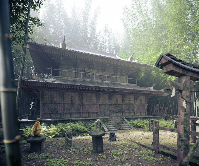 I made this picture because I want to describe the natural atmosphere in the Japanese forest and show the state of the old, neglected shrine.